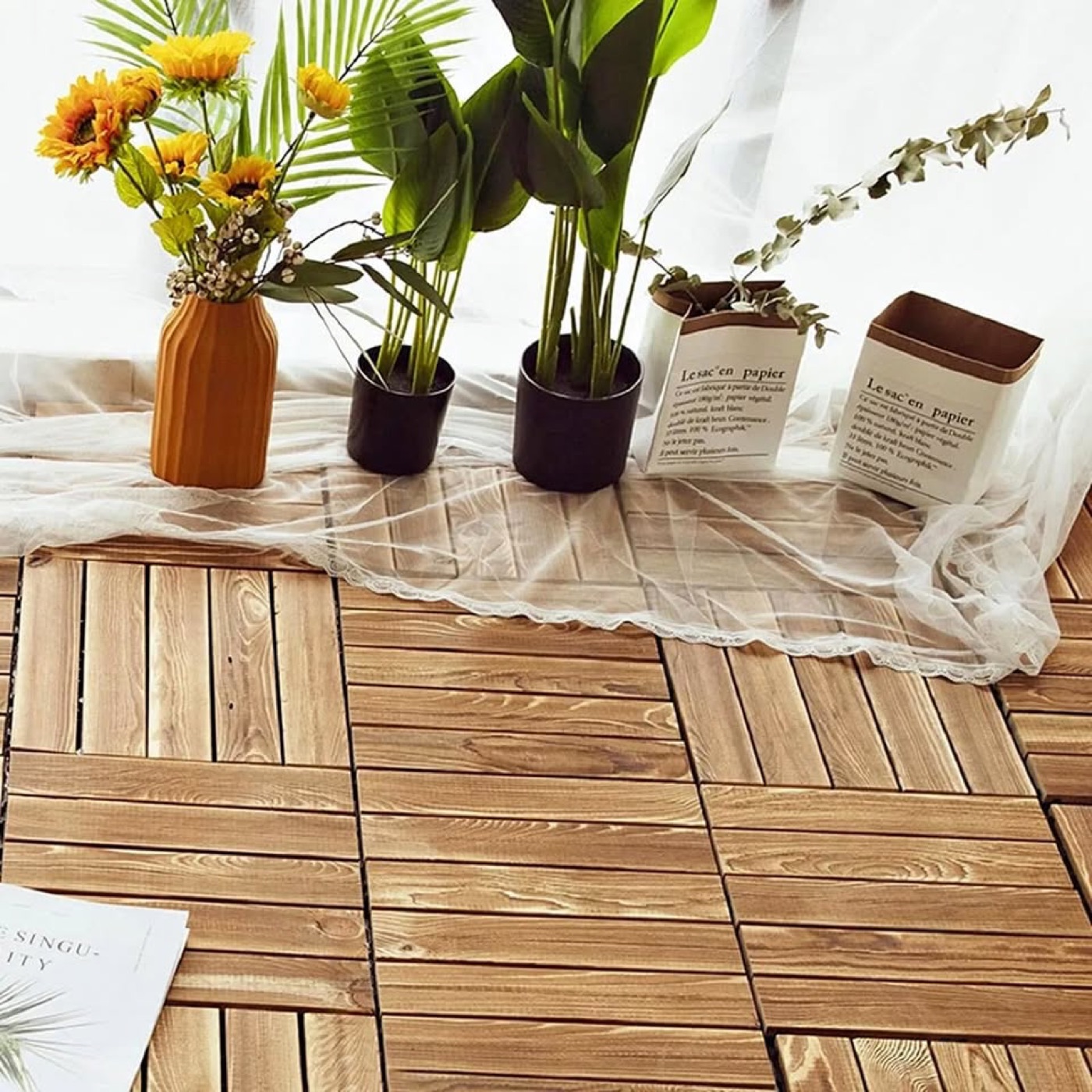Acacia Wood Interlocking Deck Tiles — 12 × 12 in, set of 10